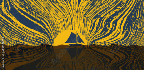 A sailboat at sunset is seen in a simulated woodcut design that is an illustration. photo