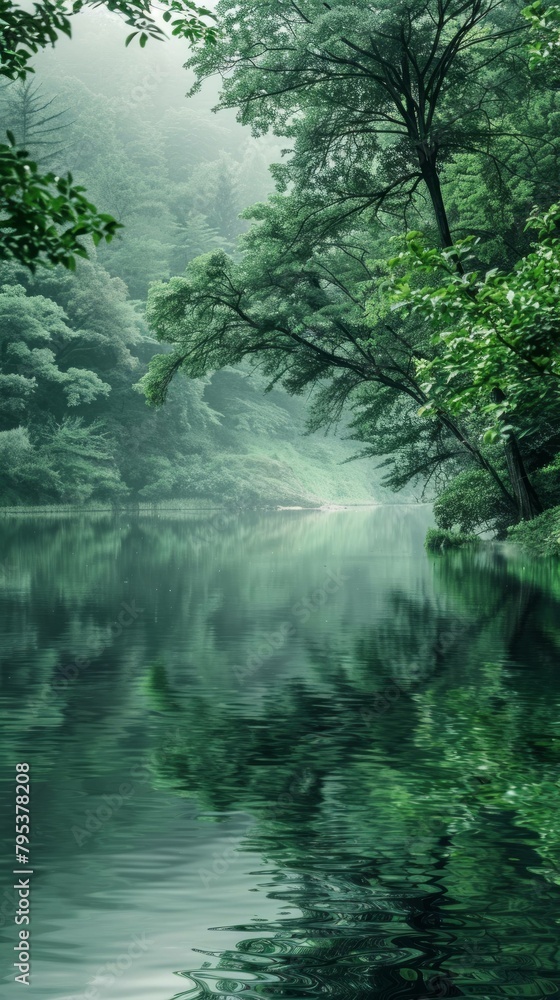 A peaceful scene featuring a calm lake embraced by vibrant green foliage, inspiring tranquility and serenity.
