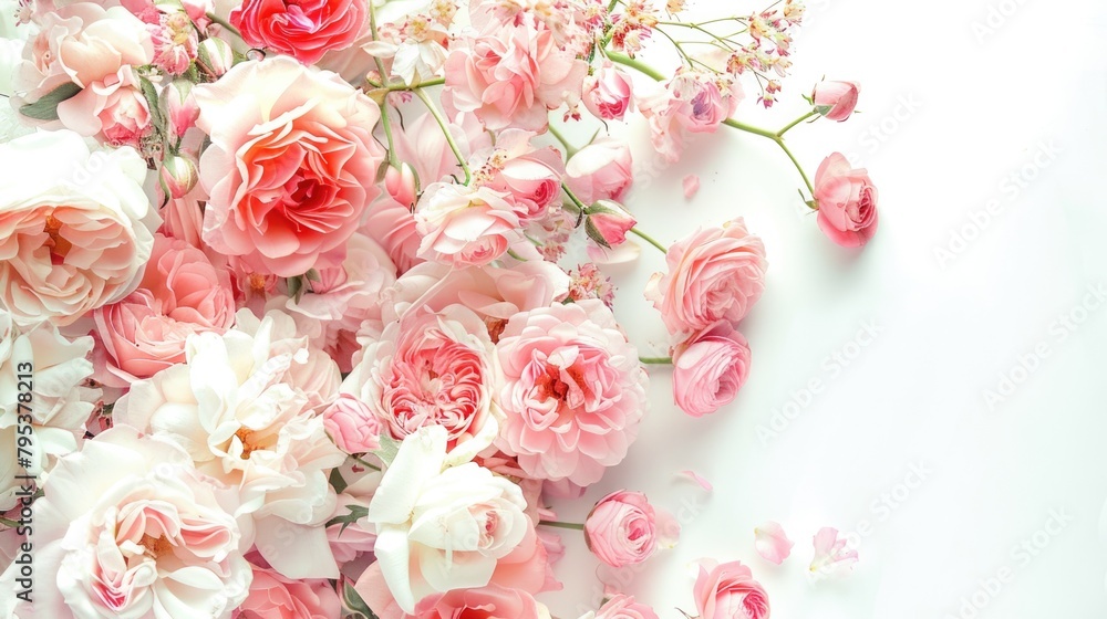 Bouquet Background. Beautiful Pink Rose Bouquet for Wedding on Floral White Background