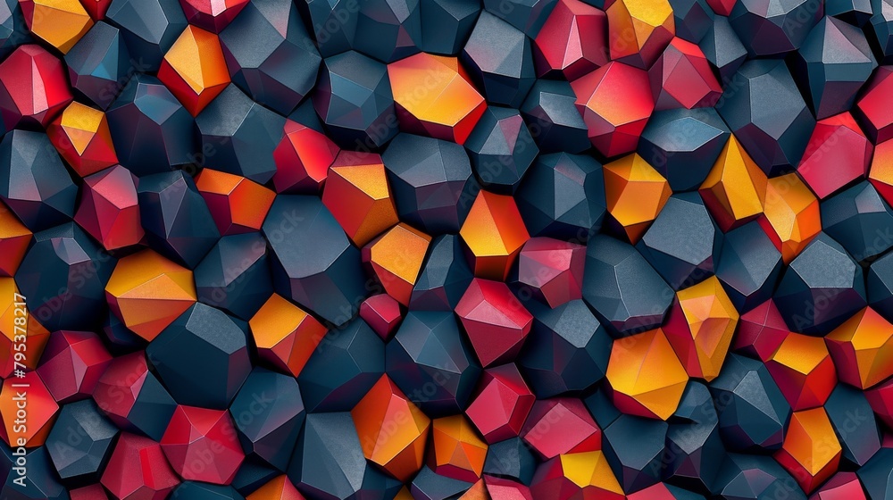 A 3D rendering of a rock wall with red, orange, and yellow crystals embedded in it. A 3D rendering of a rock wall with red, orange, and yellow crystals embedded in it.