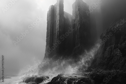 Ethereal mist swirling around abstract monoliths, shrouding the landscape in a veil of enigmatic beauty.