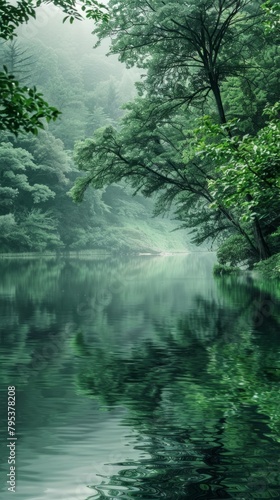 A peaceful scene featuring a calm lake embraced by vibrant green foliage  inspiring tranquility and serenity.