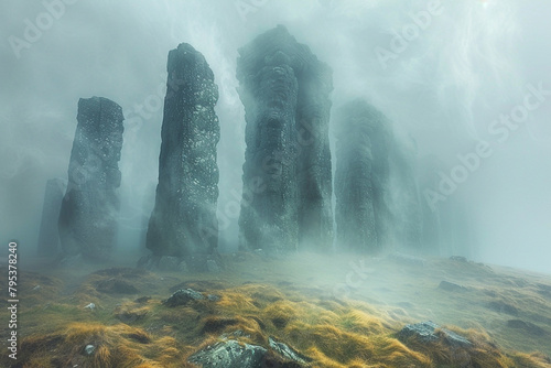 Ethereal mist swirling around abstract monoliths, shrouding the landscape in a veil of enigmatic beauty.
