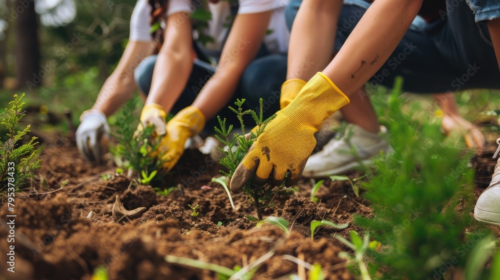 Fototapeta premium group of eco-tourists planting trees in a reforestation project, contributing to conservation and carbon offset initiatives.