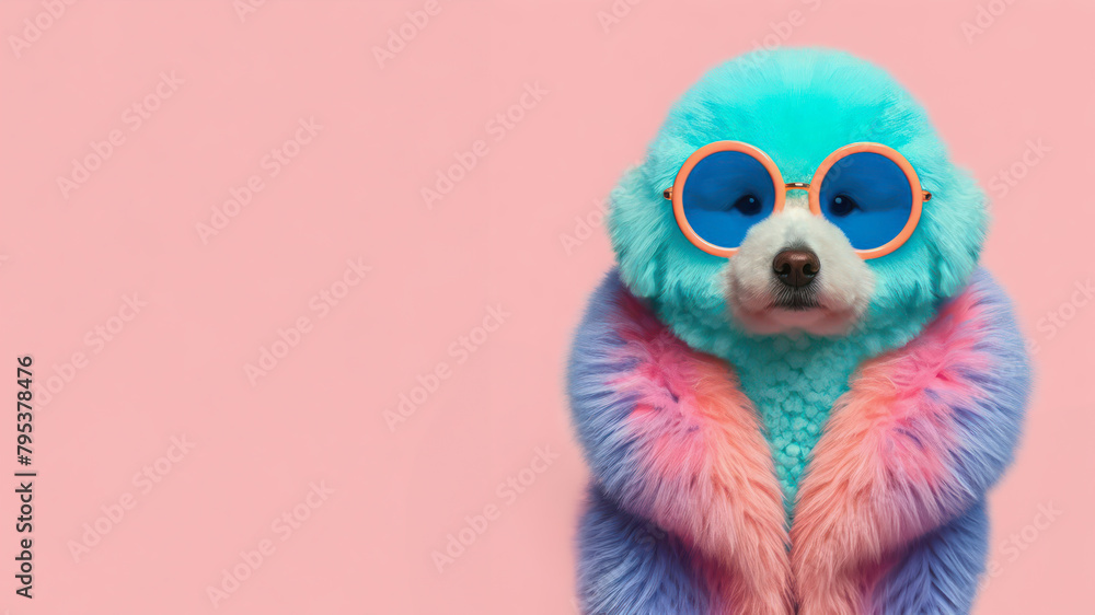 Funny dog wearing summer fashion on pastel background with copy space. Summer Vacation Concept.