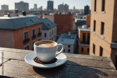 Fresh handmade coffee next to fedora on rooftop ledge