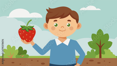 A young boy excitedly shows his parents the first strawberry he planted and grew all by himself in the family garden.