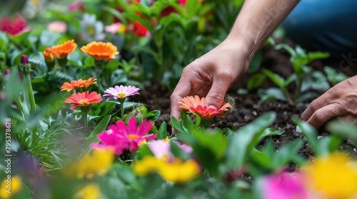 Hands gently arranging colorful flowers in a garden bed, creating a vibrant landscape of natural beauty and tranquility.