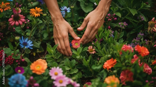 Hands gently arranging colorful flowers in a garden bed  creating a vibrant landscape of natural beauty and tranquility.