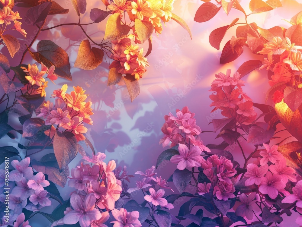 A beautiful 3D rendering of colorful flowers in a surreal environment. A beautiful 3D rendering of colorful flowers in a surreal environment.