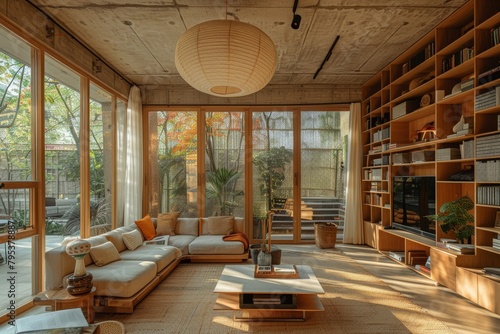 A beautiful living room with a large sofa, a coffee table, and a bookshelf. The room is decorated with warm colors and natural materials. There are many plants in the room, which makes it feel very co photo