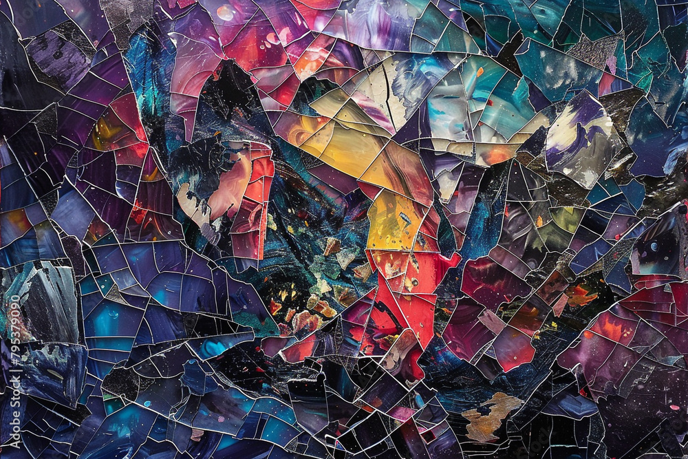 Fragmented shards of reality converging in a chaotic mosaic, reflecting the fractured nature of existence itself. - obrazy, fototapety, plakaty 