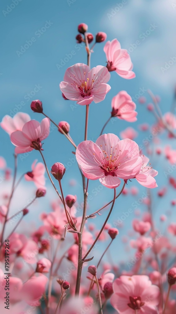 Pastel pink flowers flutter against a blue sky, creating a beautiful spring scene reminiscent of summer wallpaper.