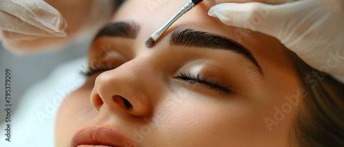 Woman getting eyebrows groomed at beauty salon by professional esthetician. Concept Beauty salon, Eyebrow grooming, Professional esthetician, Beauty treatment, Personal care photo