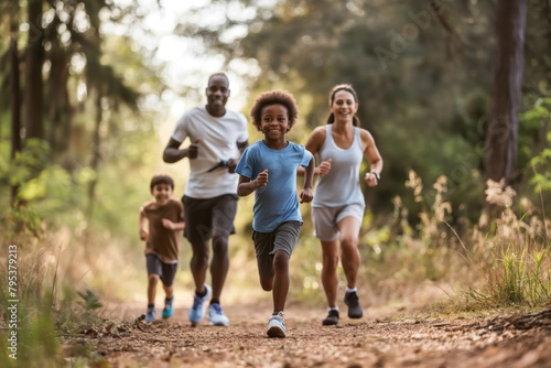Global Day of Parents.A happy family running in nature among trees and grass on a trail in the woods. Generative AI