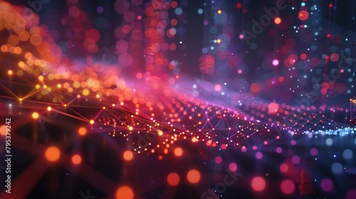 A beautiful and intricate depiction of a digital landscape, with glowing nodes and connecting lines.