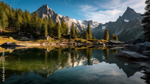 The reflection of a mountain in a calm alpine lake