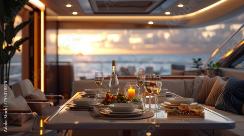A beautiful dining table on a yacht with a view of the sunset.