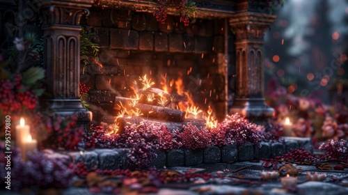 A beautiful fireplace with a crackling fire and a wreath of holly berries and pine cones. The flickering flames cast a warm glow on the room. © Pornarun