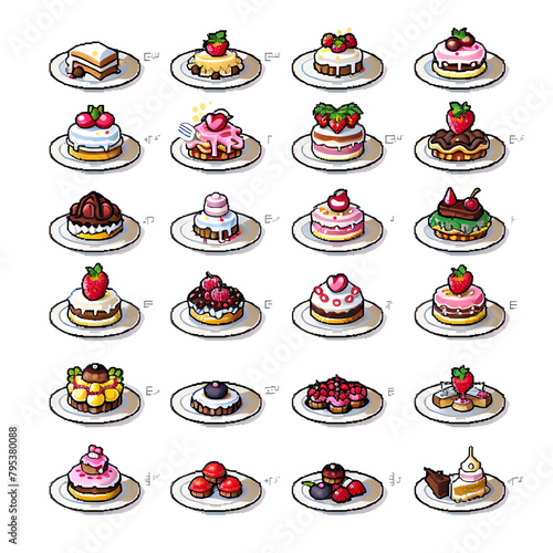 Kawaii Food dishes and desserts, pixel icon collection, isolated white background