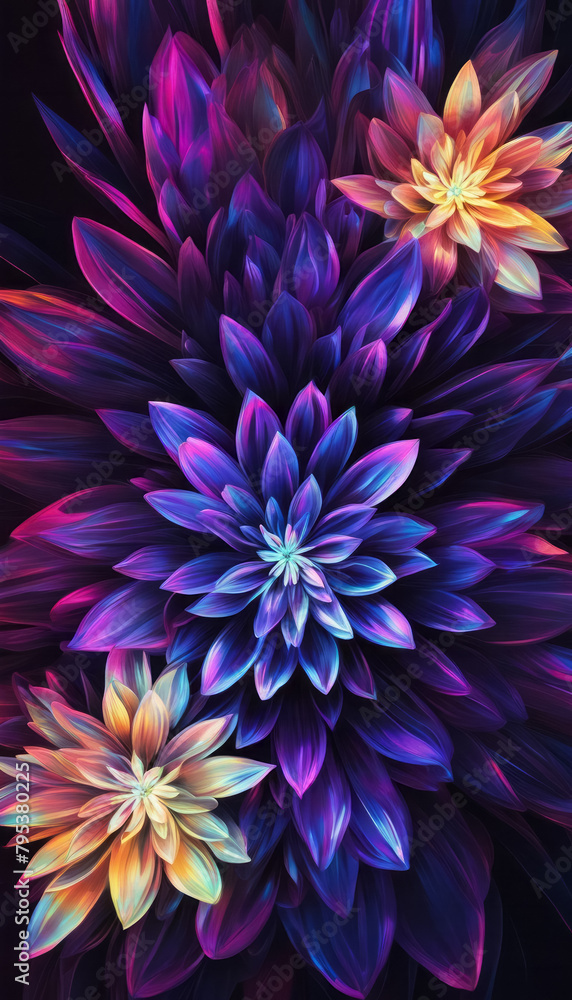 Bright colorful abstract flowers on a dark background, perfect for decor and design