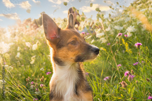 PORTRAIT, LENS FLARE: Adorable puppy sitting on a meadow among lush blooming wildflowers. Golden light shines behind a cute mixed breed doggo with perked big ears in the middle of a flowering pasture.