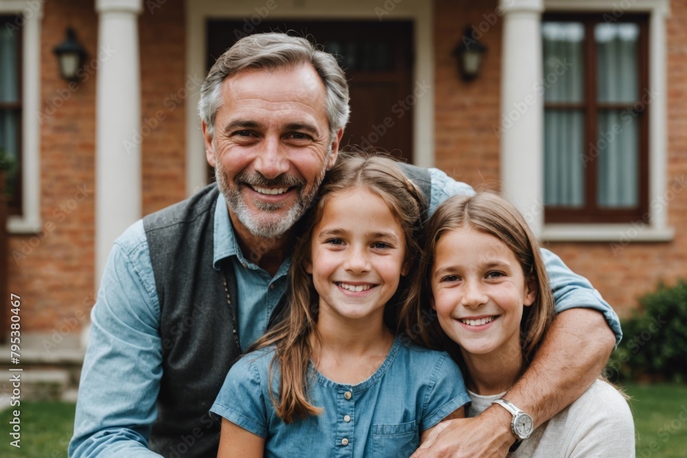 Smiling girl with father and mother in front of house Smiling girl with father and mother in front of house