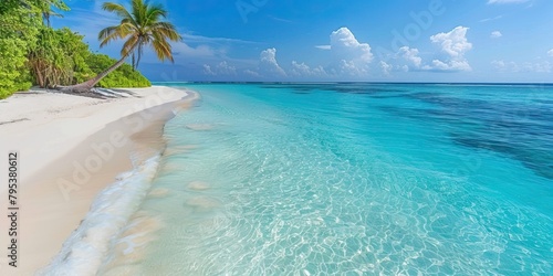 Luxurious tropical landscape. White sand with palm trees and azure sea. A heavenly place to relax. Beautiful exotic summer beach background for design.