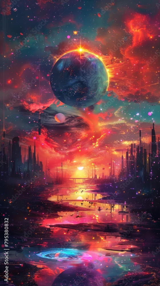 A beautiful painting of a distant planet with a red atmosphere and a large moon. The planet is surrounded by a colorful nebula and there is a city on the surface.