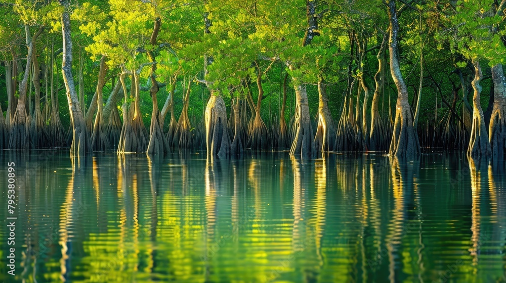 Fototapeta premium Mangrove trees reflected in calm waters, creating a serene and picturesque scene in coastal wetland environments.