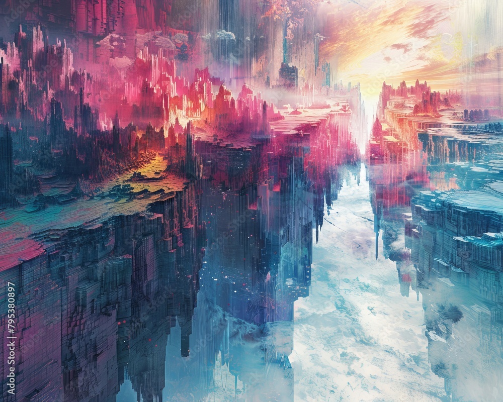 Obraz premium A beautiful painting of a fantasy world with floating islands and a bright sky.