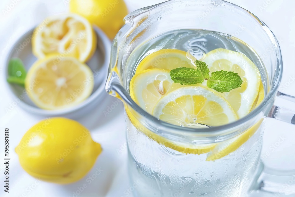 Clear water in a glass pitcher with slices of lemon and mint leaves Clear water in a glass pitcher with slices of lemon and mint leaves