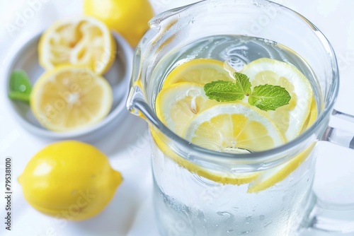 Clear water in a glass pitcher with slices of lemon and mint leaves
