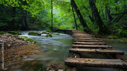 A wooden bridge spans a river in a lush green forest