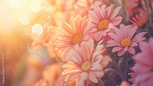 A close-up shot of vibrant daisies intertwining to create a retro 70s-inspired motif, with soft sunlight filtering through the petals. © Best