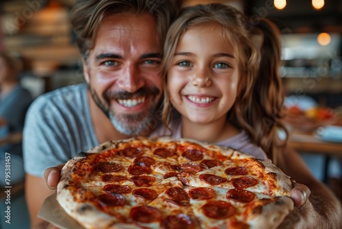 Close-up of a smiling man and girl sharing a large pepperoni pizza photo