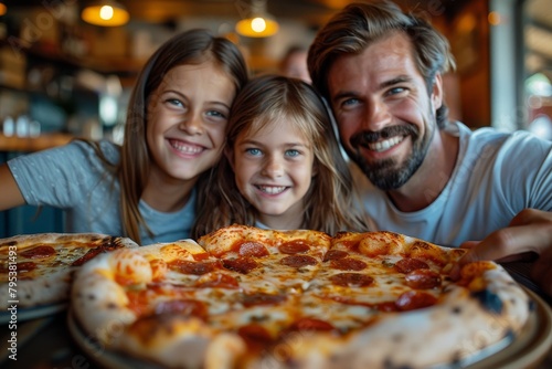 Portrait of a happy family with two children enjoying a pizza meal