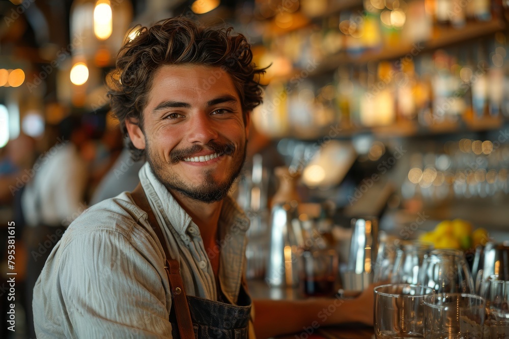Young and friendly bartender serving drinks with a smile in a bar Young and friendly bartender serving drinks with a smile in a bar