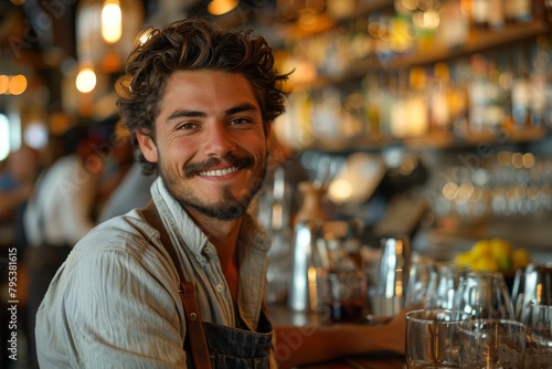 Young and friendly bartender serving drinks with a smile in a bar