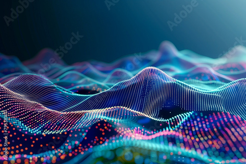 Abstract flowing fluid light particles colorful spectrum smooth curve on black background in concept technology, science. photo