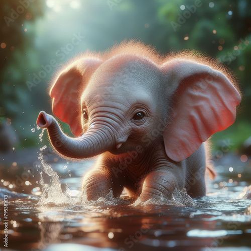 Baby elephant playing with water - Generative AI © Sovandev