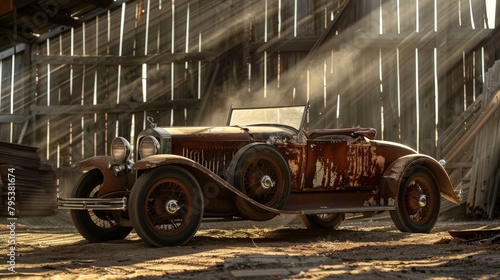 A classic car, showing its age with a beautiful rusty patina, sits in the dusty rays of sunlight filtering through an old barn.