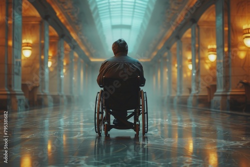 A solitary man in a wheelchair seen from behind at the entrance of a grand, ornately designed hall with mist