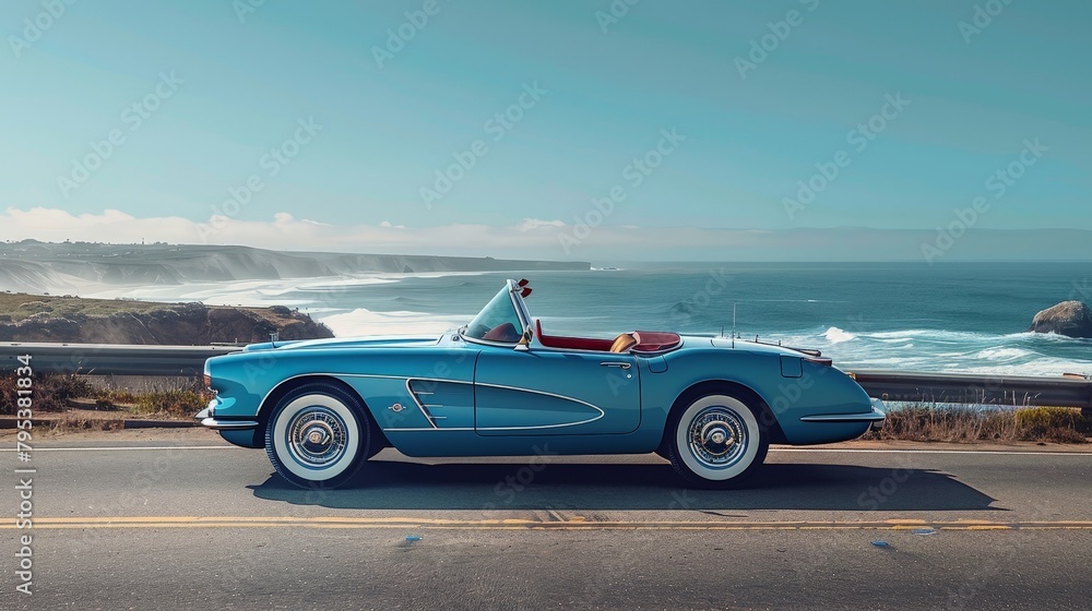 A stunning vintage convertible car parked along a picturesque coastal highway, with the expansive blue ocean as the perfect backdrop.