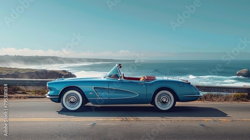 A stunning vintage convertible car parked along a picturesque coastal highway, with the expansive blue ocean as the perfect backdrop. © porpia