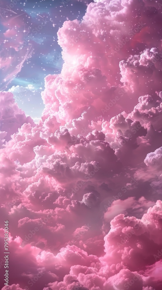 Pink cotton candy clouds in a watercolor sky. Dreamy sunset scene with stars. Elegant fantasy background.