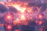 Glowing spheres of light drifting through an abstract landscape, casting shimmering reflections upon the surface below.