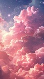 Pink cotton candy clouds in a watercolor sky. Dreamy sunset scene with stars. Elegant fantasy background.