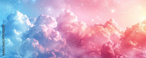 Pink cotton candy clouds in a watercolor sky. Dreamy sunset scene with stars. Elegant fantasy background.