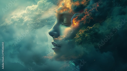 A beautiful woman's face made of clouds and fire